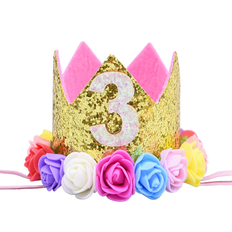 1PC Baby Girl Happy Birthday Party Hats Kids One Year Flower Princess Crown Headband Baby Shower 1st Birthday Decor Party Supply