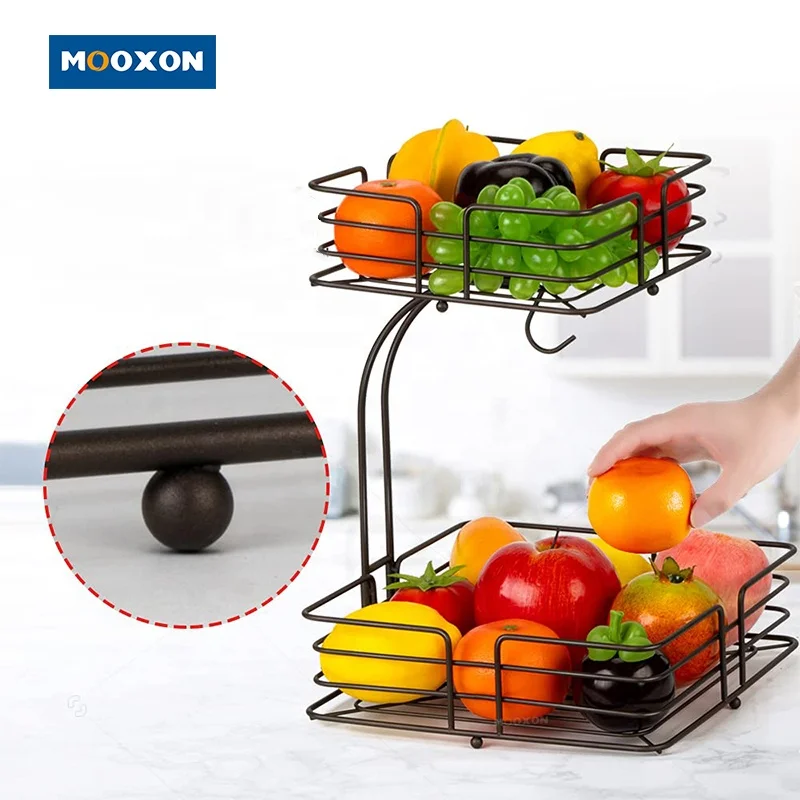 OEM 2-Tier Square Black Organizer Metal Fruits Holder Banana Hanger Kitchen Storage Fruit Vegetables Basket Bowl for Countertop