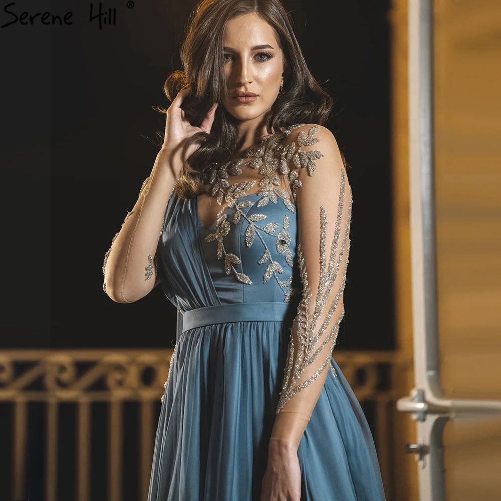 Blue Chiffon Cape Sleeves Evening Dresses Serene Hill LA70308 Beaded A Line Yellow Formal Party Gowns For Women