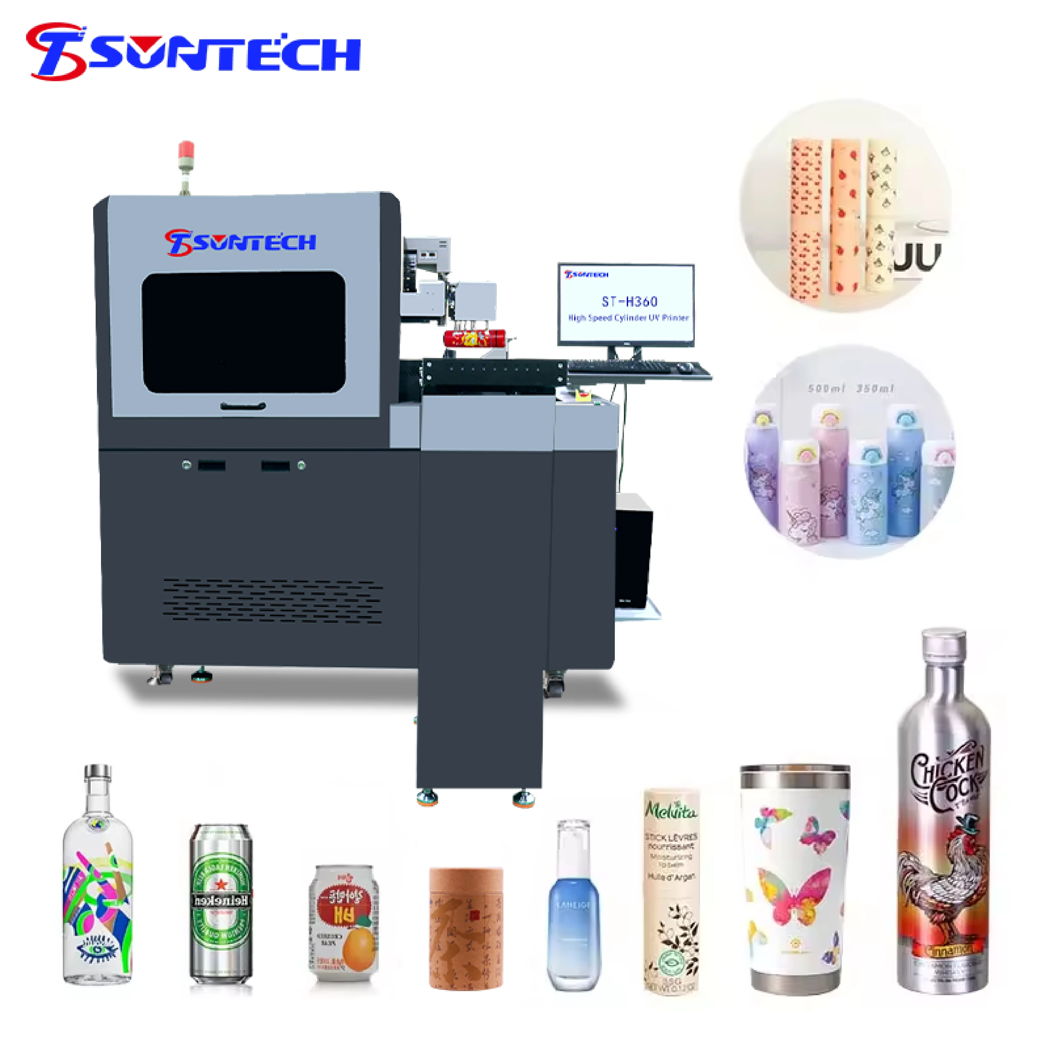 Suntech supply 360roller UV color inkjet machine wine bottle car cup Stainless steel straw cylindrical cup Cone UV printer cheap