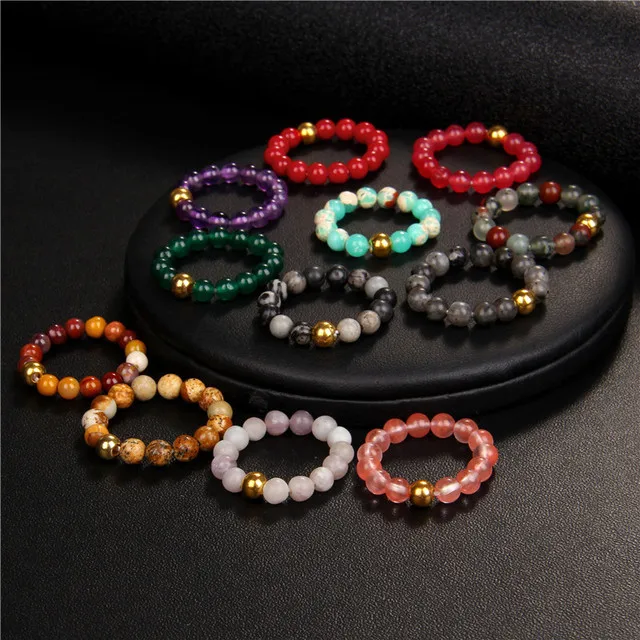 Handmade 4mm Natural Stone beaded Stackable Rings Stainless Steel Bead Multi Color Stretch Rope Party Gifts Ring Adjustable