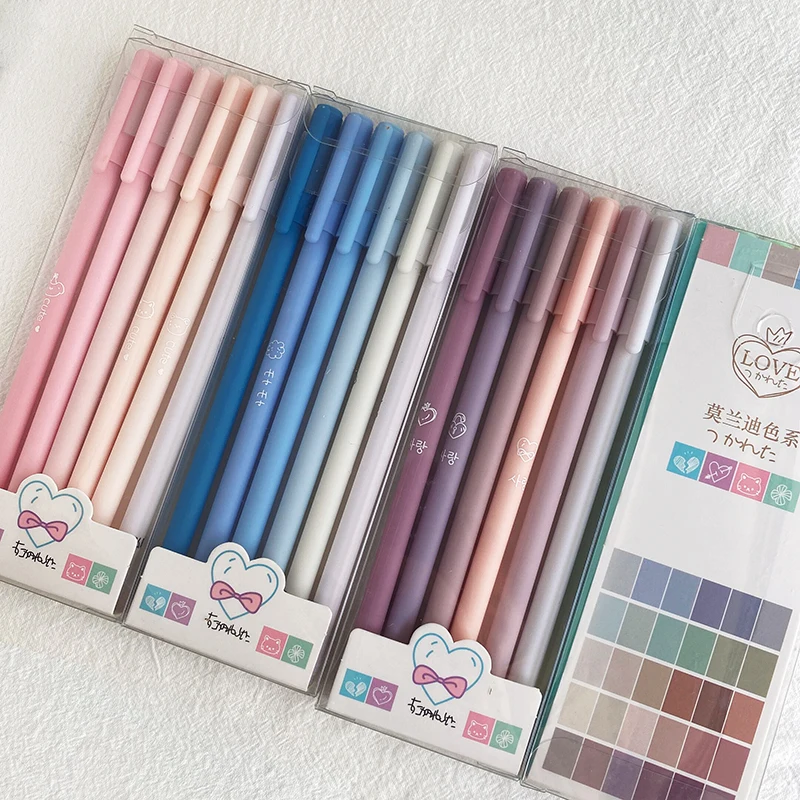 6pcs/set Cheap And Cost-effective Students Cartoon 0.5mm Morandi Gel Ink Pen