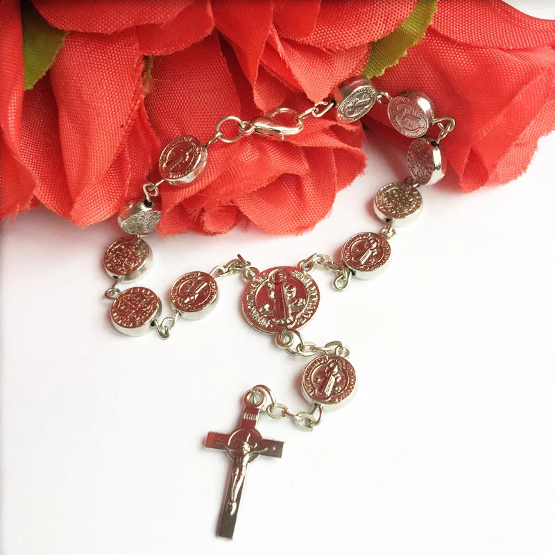 metal alloy round beads religious bracelets cathlolic benedict rosary bracelet
