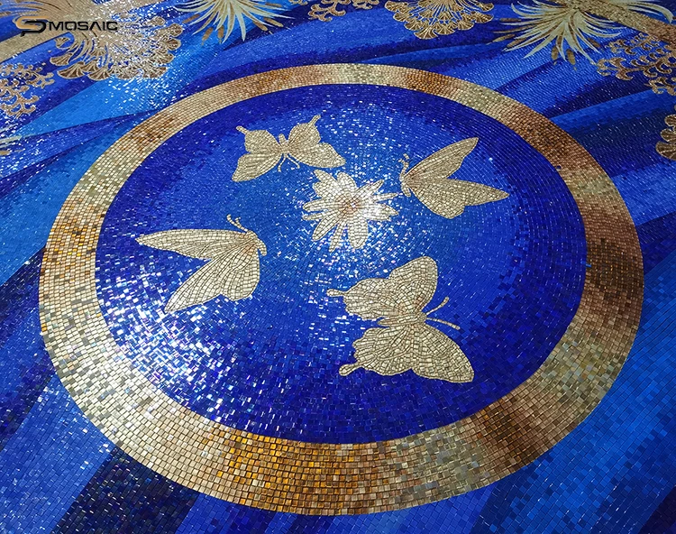 Blue pattern colorful mosaic tile vivid gold birds wheat wall art murale design customized big size floor decoration mosaic tile
