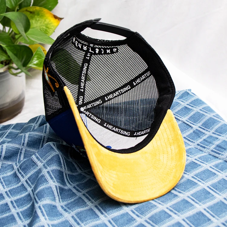 hengxing new design 100% cotton two tone embroidery grey 5 panel baseball mesh cap with custom logo