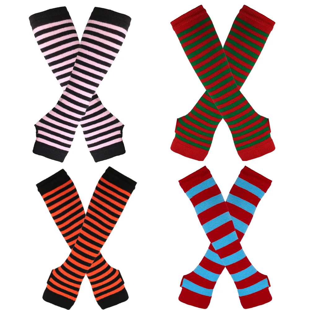 S004 Women Winter Long Fingerless Gloves Stripe Solid Knitted Arm Warmer High Elasticity Gloves