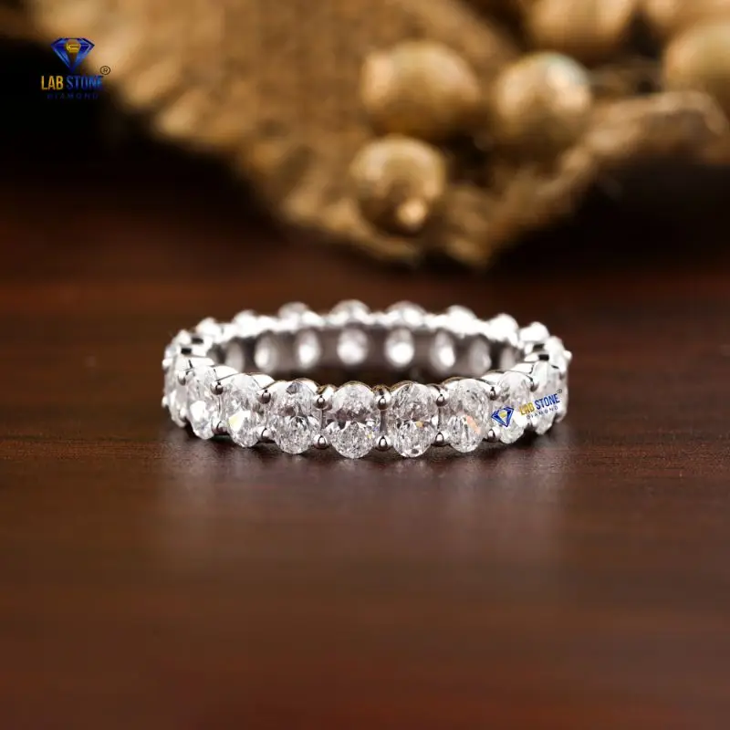 2.62 TDW Oval Cut Diamond Ring 18k White Gold Full Eternity/Shared Prong Setting Cvd/Hpht Diamond Lab Stone