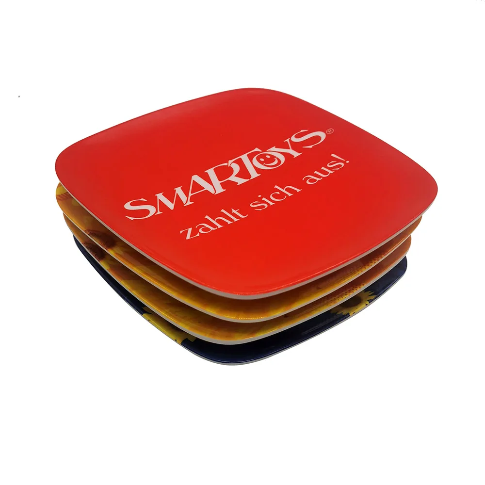 
unbreakable custom printing cheap hard plastic rectangle melamine change cash coin plate with rubber foot 