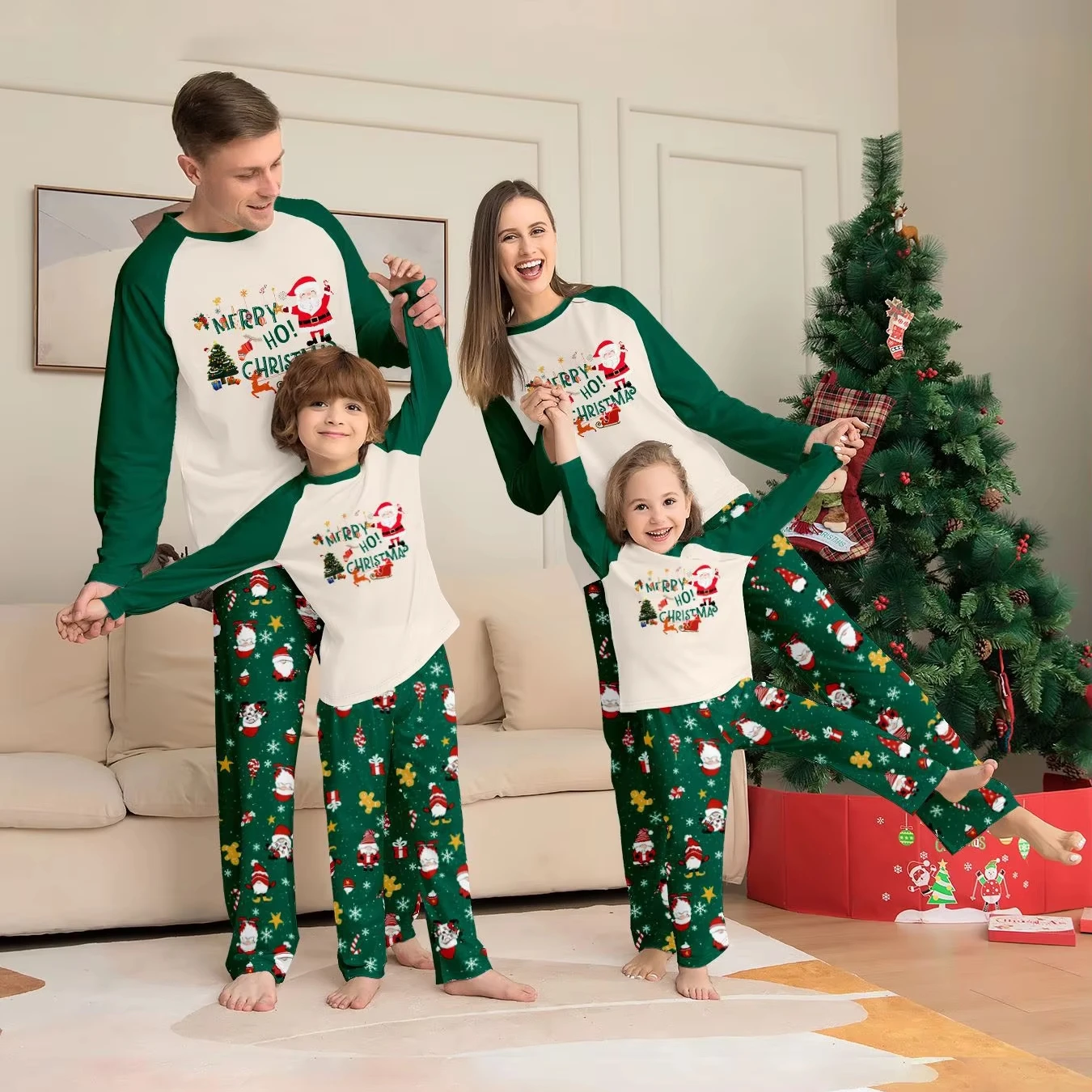 2024 Green Parent-child Home Wear Hot Sale Christmas Family Loungewear Sleepwear Couple Pj Sets Christmas Pajamas