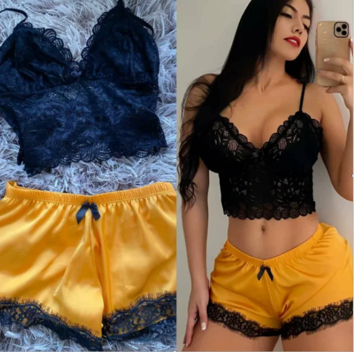 B0112 2022 High Quality 2 Pieces Set Sleepwear Plus Size Women Silk Satin Sexy Lace Pajama Shorts