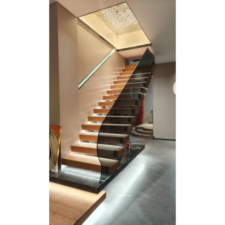 Wholesale Floating Stairs Solid Wood Version Wooden Stairs Hot Selling Factory Latest Hanging with Tempered Glass Stairs
