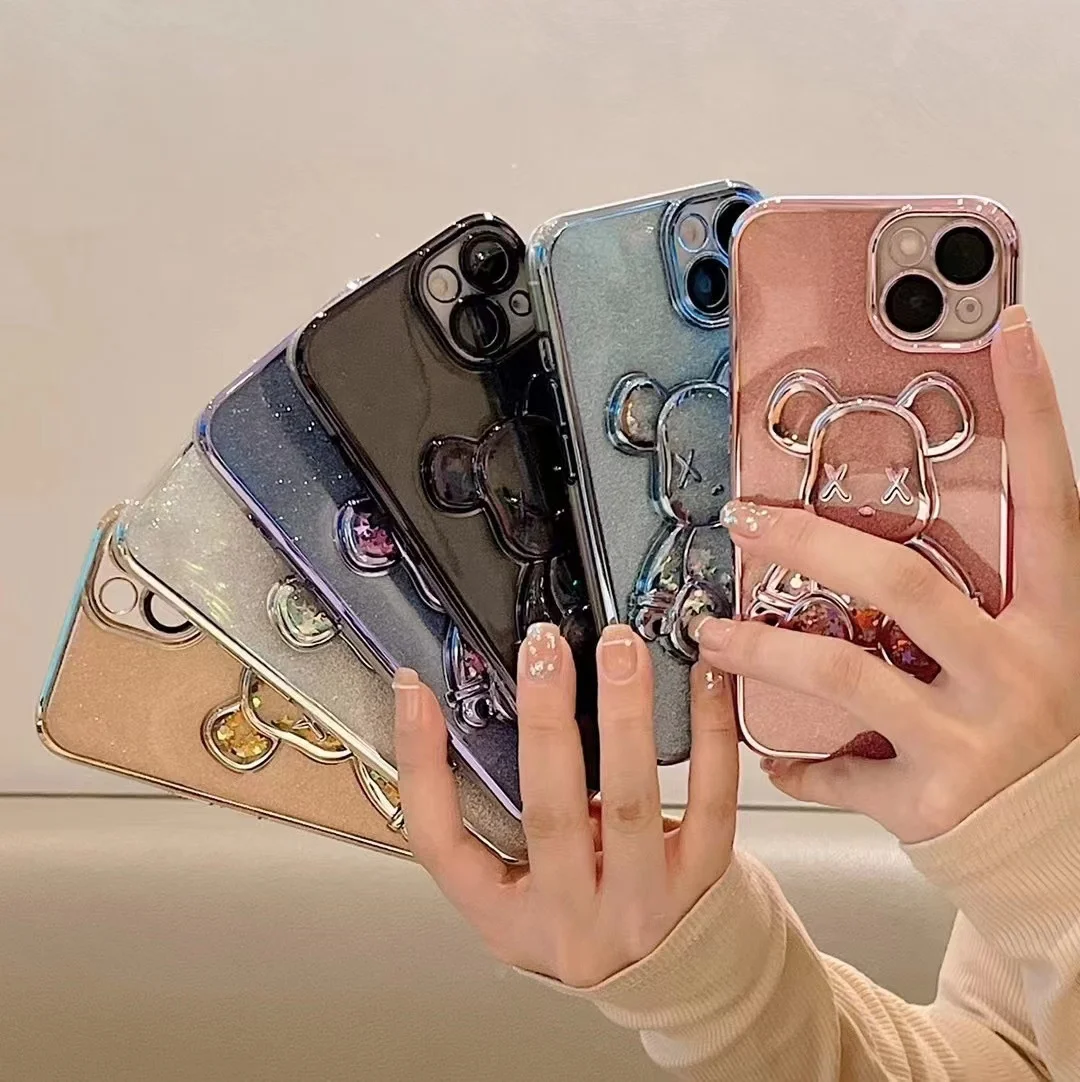 WOWCASE glitter with lens protector bling Electroplated Bear TPU Back Cover Phone Case for iPhone 14 13 12 11 Pro Max 7 8 plus