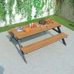 Outdoor restaurant park furniture dining set table with bench metal leg plastic wood table top fast producing