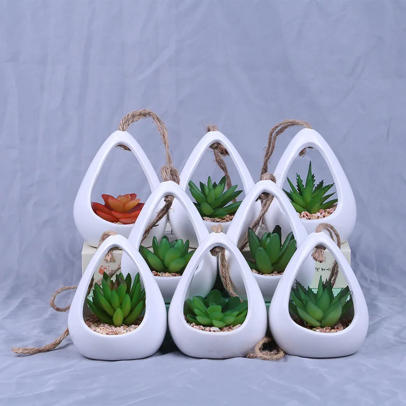 Hanging Potted Artificial Succulents Plants Mini Green Grass Planter Pot Succulent Ceramic Pots Set For Decoration