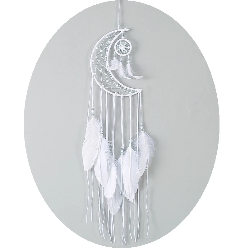 Handmade Feather Dream Catcher Braided Half Moon Shape Wind Chimes Art For Home Decoration