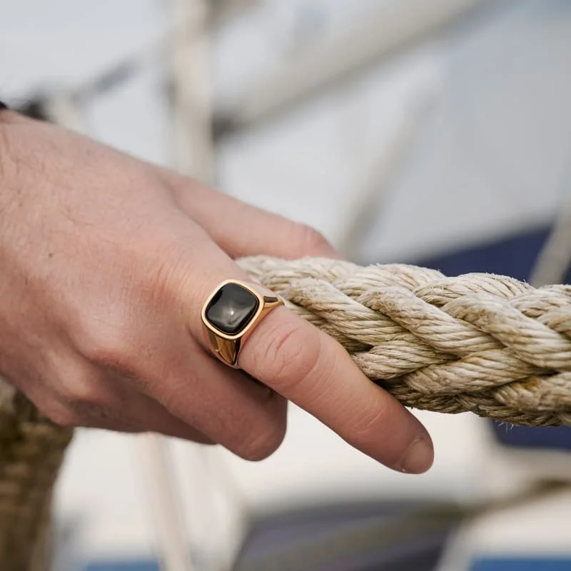 New Trendy Popular Men Stainless Steel Natural Gemstone Ring 18K Gold Plated Jewelry