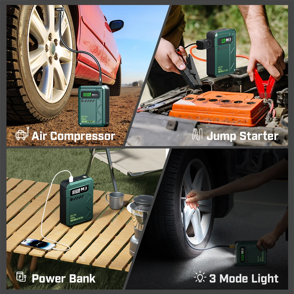 yesper Almighty M3 Pro cheap price 12V jump starter air compressor 150PSI with air pump  for motorcycle