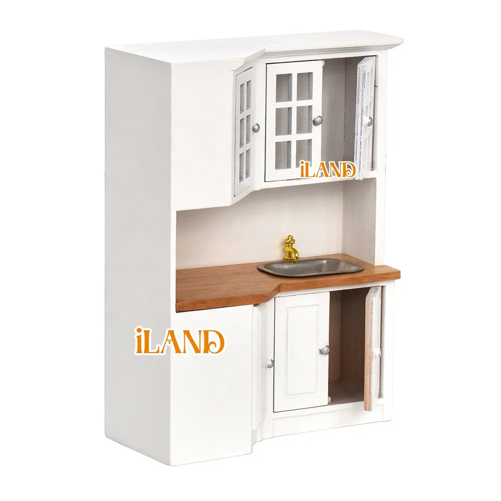 iLAND Wooden Dollhouse Furniture on 1/12 scale for Modern Doll House Kitchen Miniature Kitchen Cabinets Fridge Oven Microwave