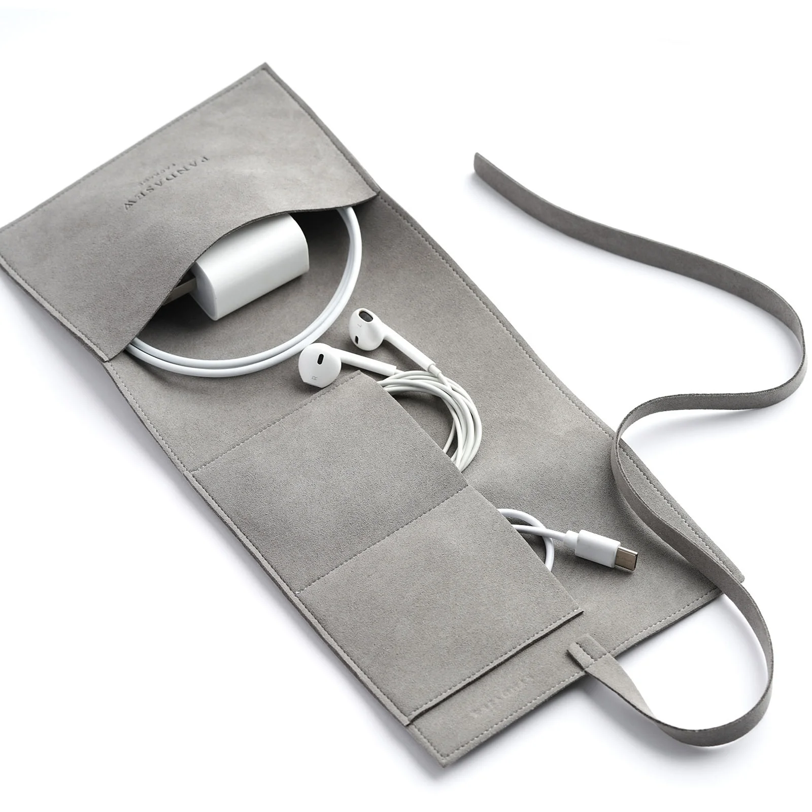 PandaSew Custom Logo Luxury 14mm Microfiber USB Cable Charger Organizer Case Roll Up Pouch Cord Bag Travel Accessories