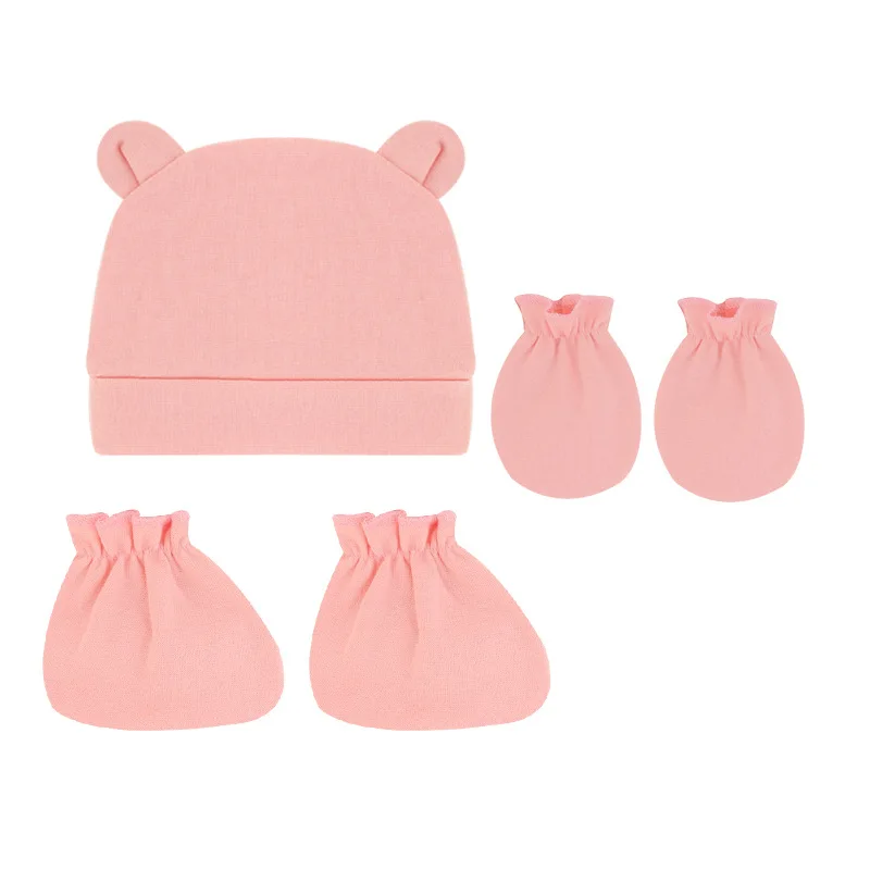 Newborn baby keep warm mitten booties set cute design plain color baby hats and mittens set