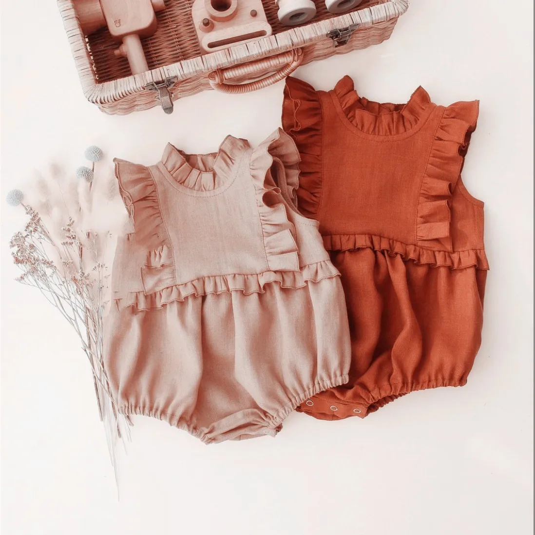 2023 Summer Linen Cotton Newborn Baby Girl Sleeves Ruffles Romper Suits