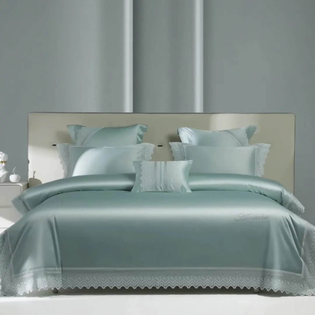 Luxurious Style 140S Satin Bedding Set with Embroidered Bedspread and Pillowcases Pure Cotton for High-End Palace Style Bedroom