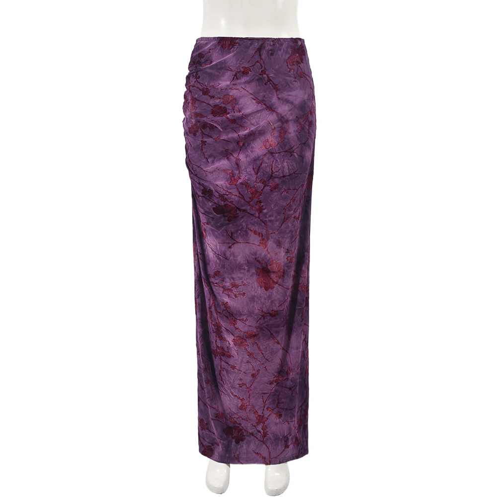Garsia 51181DHD Sexy Purple Floral Flocking Long Skirts for Women Autumn Fashion High Waisted Back Ruched