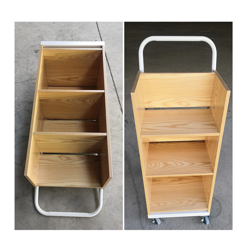 
Book Trolley Wooden Shelf Library Furniture Book Shop Moving Book Cart 