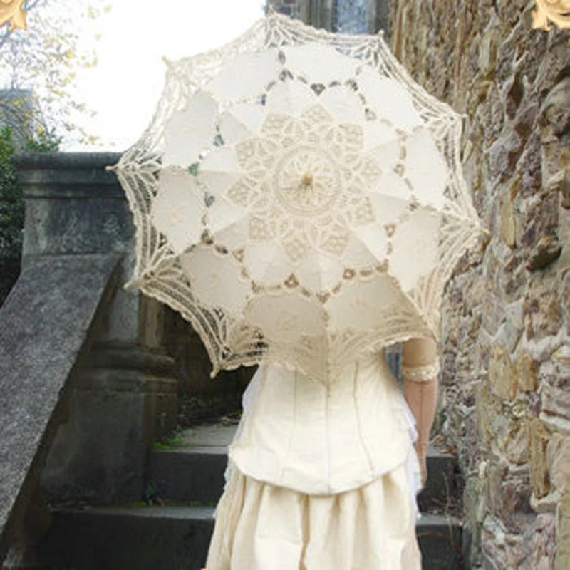 Free Shipping Cotton Lace Wood Parasol umbrella For Bride Bridesmaid Groom Photo Props