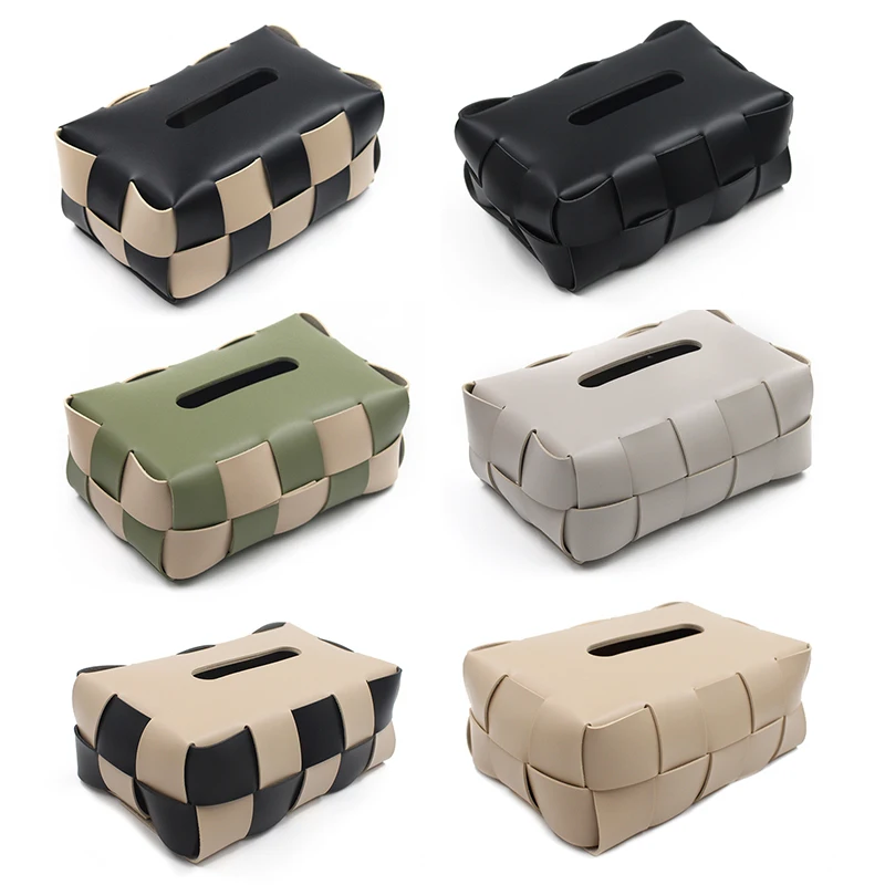 Stocked Hand-Woven Tissue Box PU Leather Light Luxury Textured Plaid Napkin Holder Waterproof Check Pattern Tissue Case For Home