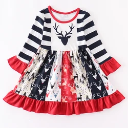 Girlymax 2022 Winter Christmas Reindeer boutique ruffle long sleeve exquisite embroidery Baby Girl Dresses