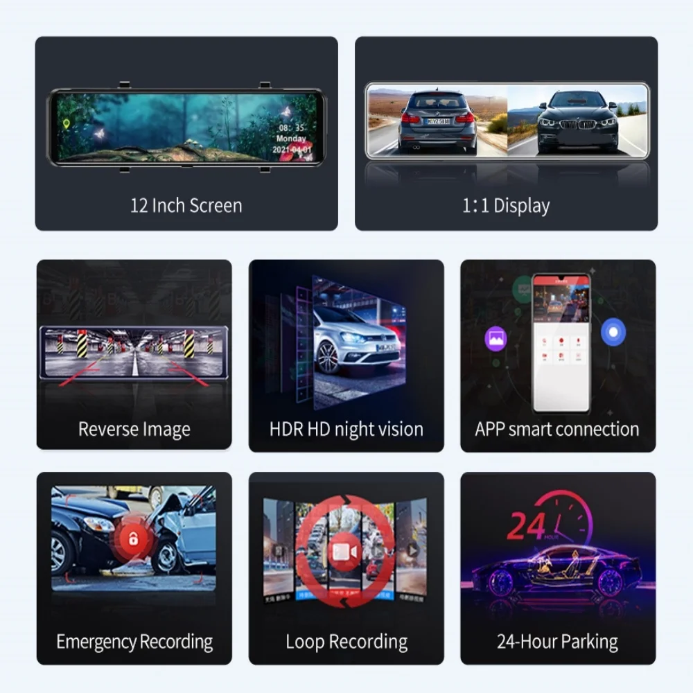 12 Inch 4K+1080P dual lens Rearview Mirror Car Dvr Video Recorder reverse dash camera dash cam front and rear 4k With GPS WiFi