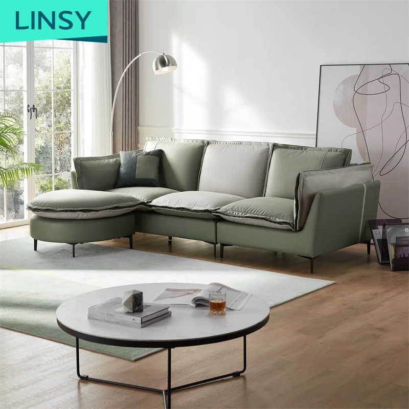 Linsy New Design Minimalist American Green White Corner Sofa Set Modern Oval Shape Chaise Sofa S126