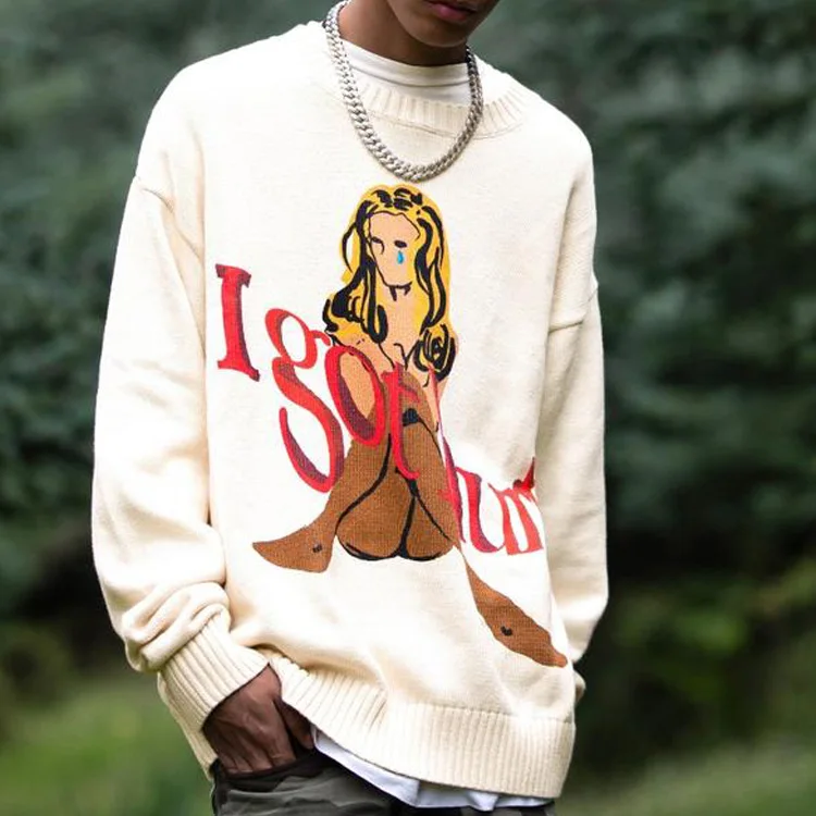 Custom jacquard Knit Sweater crew neck ladies knitwear long sleeve Intarsia sweater pullover wool knit pattern women sweater