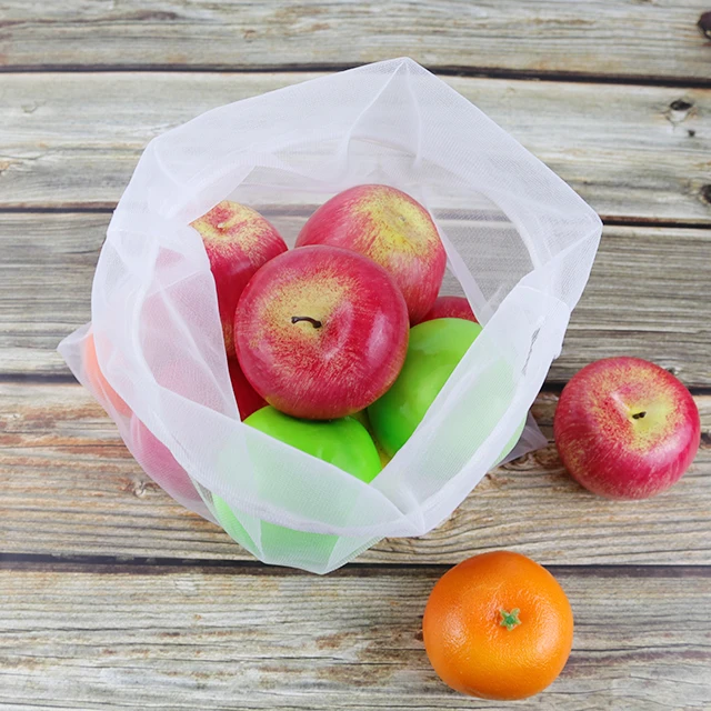 Custom Drawstring Reusable Produce Net Pouch Polyester White Vegetable Mesh Bags