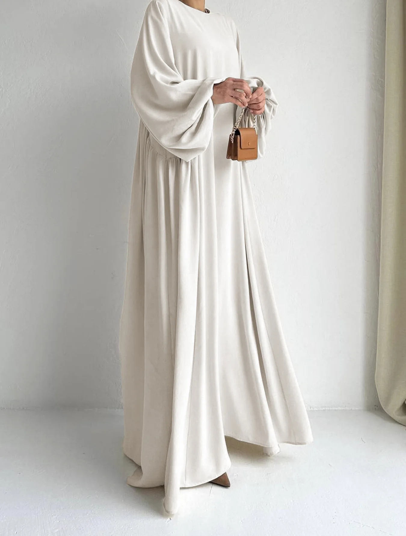 Modest Ladies & Girls Abaya Set with Simple Puff Balloon Sleeve Long Ethnic Work Khimar Silky Fabric Muslimah Style