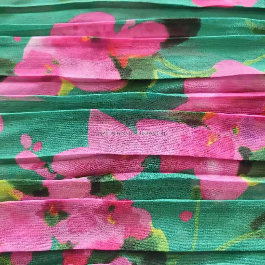 
custom printed polyester crepe crinkle fabric pleated chiffon fabric tulle textile for dress shirts 
