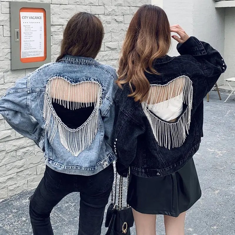 2022 Women Heart Shape Rhinestone Denim Jackets