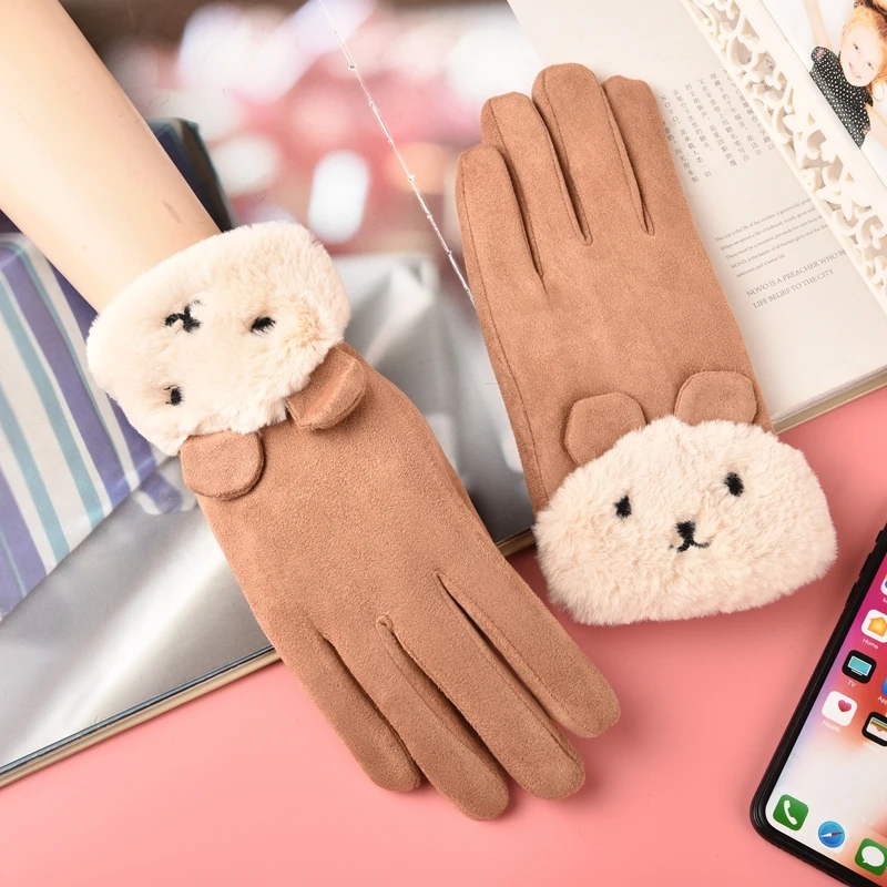 Необычные перчатки, индивидуальные перчатки, однотонные замшевые милые женские перчатки со смайликом