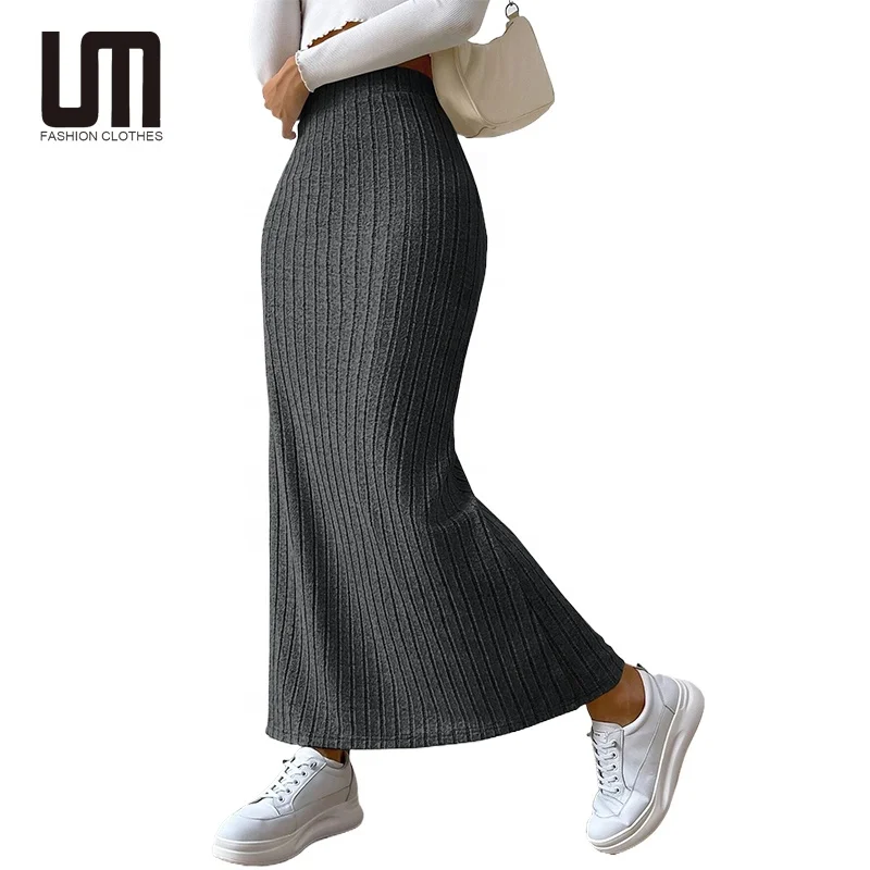Liu Ming Hot Products 2024 Fall Winter Women Casual High Waist Knitted Ankle Length Striped Slim Fit Slit Maxi Skirt