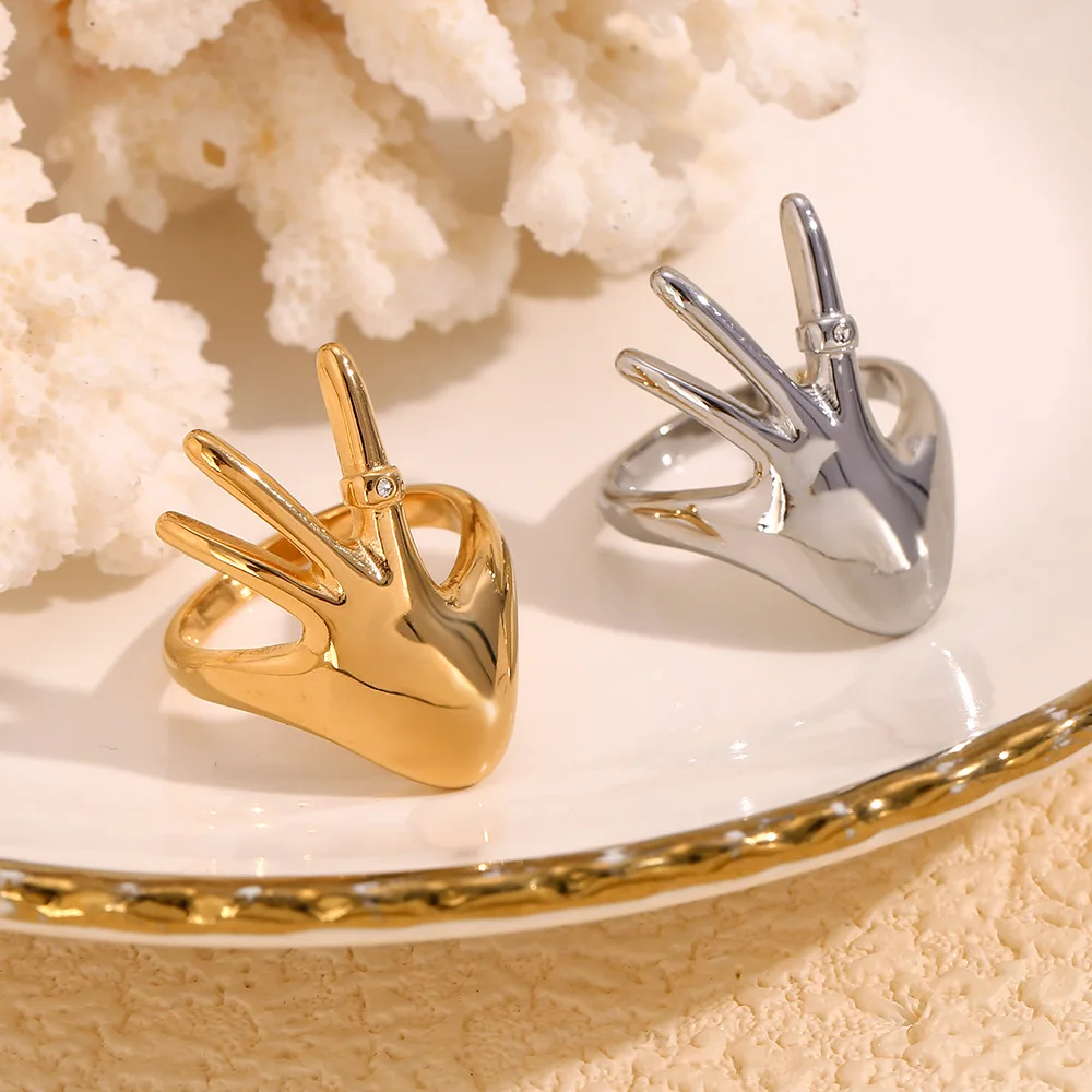 Best Selling 18K Gold Plated Hand Shaped Diamond Ring Fashion Not Fade Stainless Steel Ring Jewelry for Women