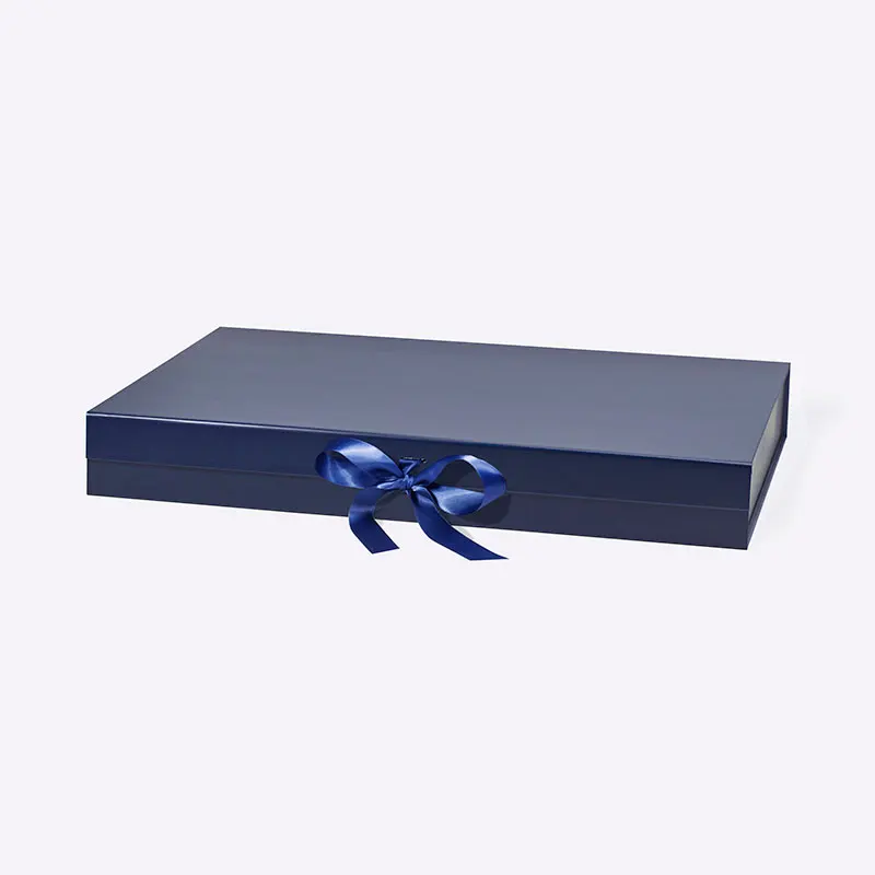 Luxury Extra Big Rigid Navy Blue Color Cardboard Magnet Lid Closure Gift Box with Ribbon