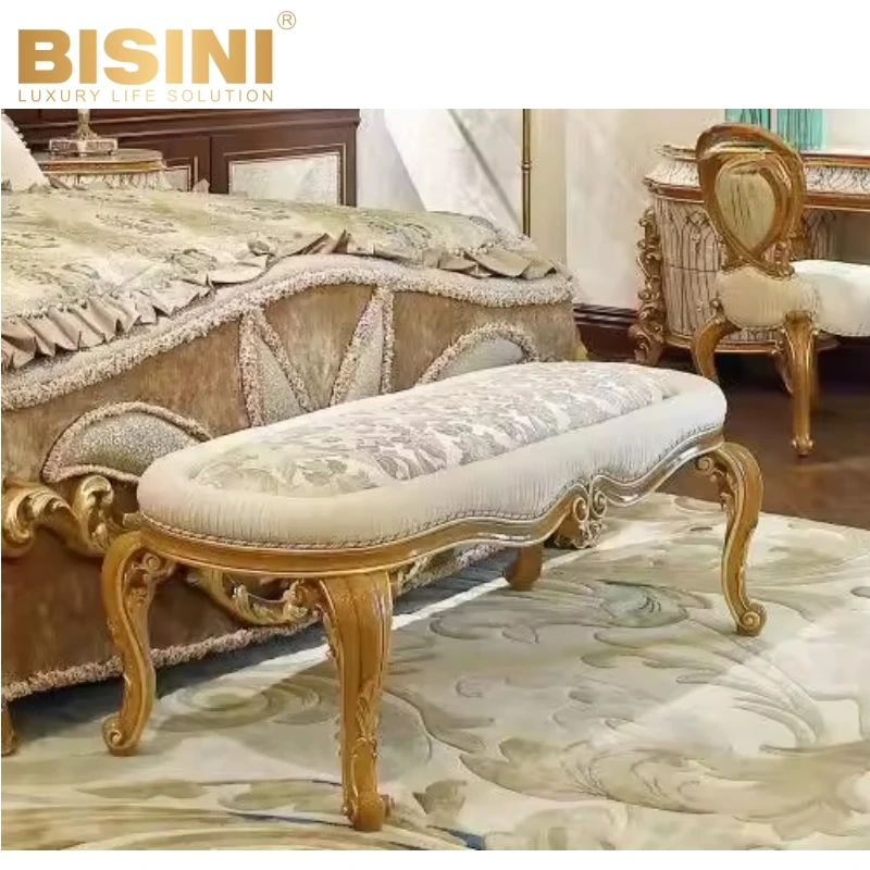 Traditional French Baroque Style Royal Villa Home Handcrafted Wood Carved Fabric Bed Foot Stool Bedroom Bed Set Beige Bench