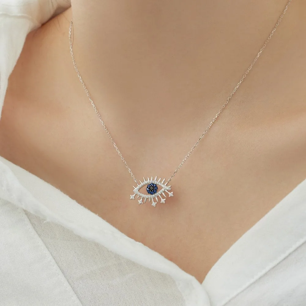 Dylam Belief Protection Symbol Fine Fashion Jewelry Solid S925 Silver Link Chain Evil 5A Zirconia Blue Eyes Pendant Necklace