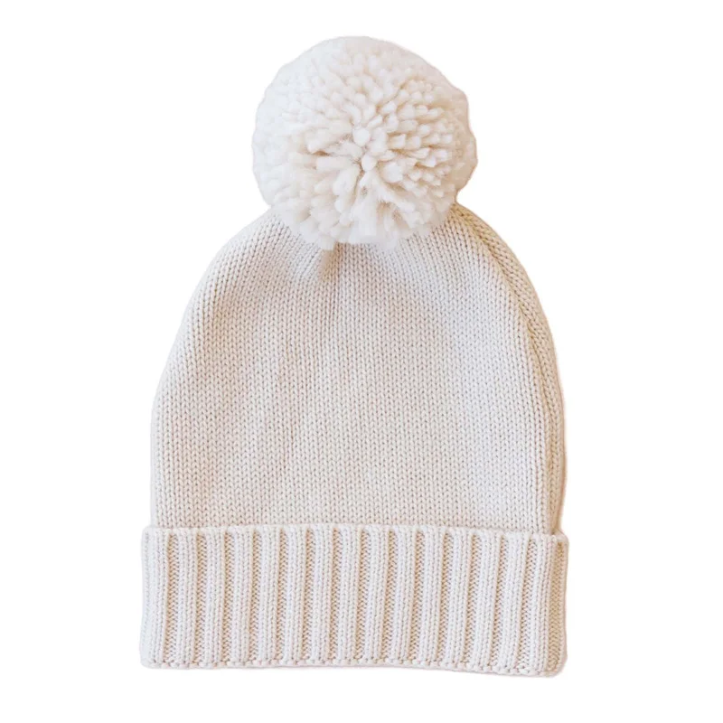 Vintage Soft Cotton Custom Solid Color Ribbed Cute Fluffy Pompom Newborn Baby Boy Girl Winter Chunky Knitted Beanie Hats