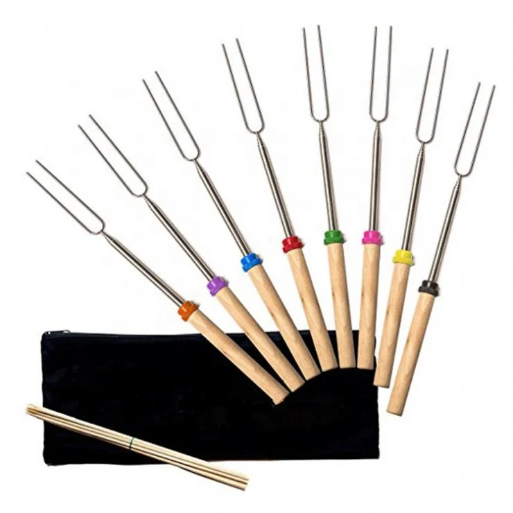 Amazon Hot Selling 8 Color Wood Handle  BBQ skewers Stainless Steel BBQ Stick Telescoping  Roasting Sticks