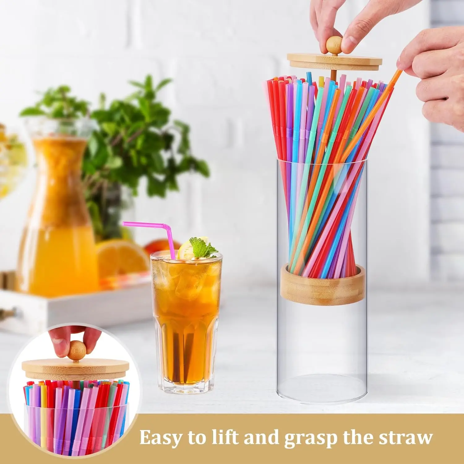 Acrylic Transparent Drinking Straw Holder Dispenser for Counter with Bamboo Lid for Standard Straws Organizer for Kitchen Party