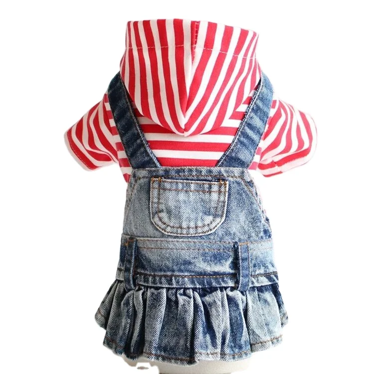 New pet clothes Red and white striped hooded denim skirt small dog clothes fashion cute dog cat denim vest