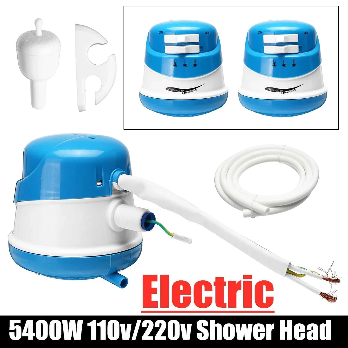 5400W 110V/220V Electric Shower Head Instant Water Heater Adjustable Temperature Bath Shower Heater with 2m Hose Bathroom Heater
