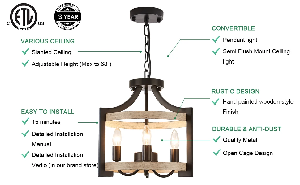 Rustic Farmhouse Chandeliers Deco Adjustable Kitchen Island Hallway Bedroom Hanging  Birch Wood Finish Chandelier Pendant Lights